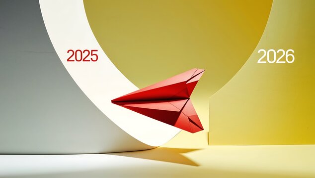 A red paper airplane flies from 2025 to 2026 on a curved path