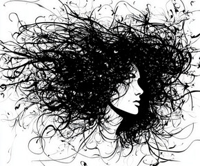 woman head silhouette , black and white illustration isolated on white background
