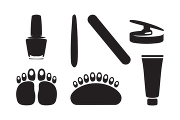 Black silhouette icons of pedicure and manicure tools and foot care items