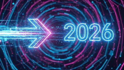 Neon glowing arrow pointing towards the year 2026 in a digital vortex
