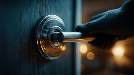 A gloved hand reaches for a metallic doorknob, set against a softly glowing blurred background that evokes a sense of mystery and anticipation.