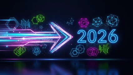 Neon arrow pointing towards the year 2026 with digital technology icons and light trails