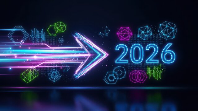 Neon arrow pointing towards the year 2026 with digital technology icons and light trails - Powered by Adobe