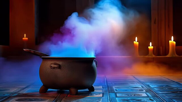 Steaming cauldron with colored smoke mysterious atmosphere