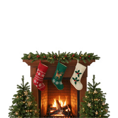 Cozy Christmas Fireplace with Stockings and Decorated Trees Christmas trees