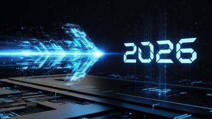 Digital representation of the year 2026 with futuristic blue light effect and data stream