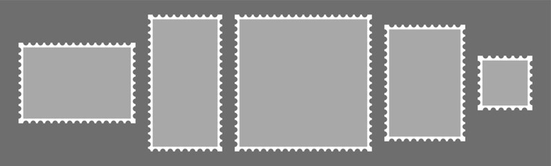Blank postage stamp borders set in flat design. Empty post stamp frames collection on soft gray background. Light, clean, editable stamp shapes for mail, craft, and design projects.