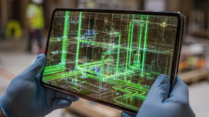 Hands in gloves hold tablet displaying green 3D plumbing plan