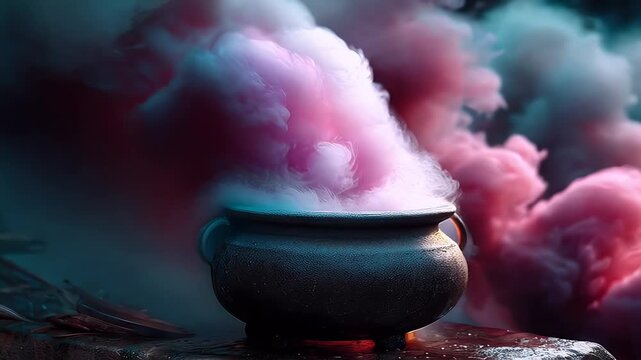 Steaming cauldron with colorful smoke erupting mystical concept