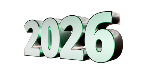 2026 plakative metallische Jahreszahl, 3D-Schrift, Kalender, Perspektive, Nummer, Jubiläum, Neujahr,  business, Planung, Jahreswechsel, Freisteller, Alphakanal, grün, pastell