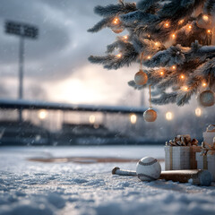 Christmas tree closeup with gifts on snowy baseball court with baseball glove, bat and ball lying in the snow. Concept of resting baseball sport during Christmas time.