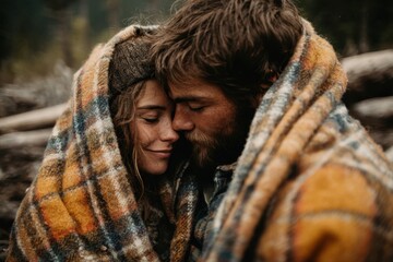 Lovers Sitting Together Covered with Warm Wool Plaid