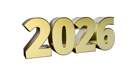 2026 plakative metallische Jahreszahl, 3D-Schrift, Kalender, Perspektive, Nummer, Jubiläum, Neujahr,  business, Planung, Jahreswechsel, Freisteller, Alphakanal, gold