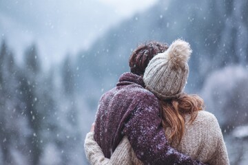Romantic Winter Back Hug Moment in Snow Landscape
