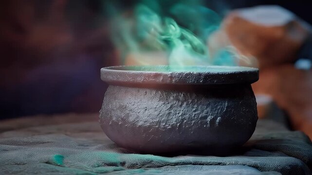 Steaming cauldron with ethereal green vapor and rough texture