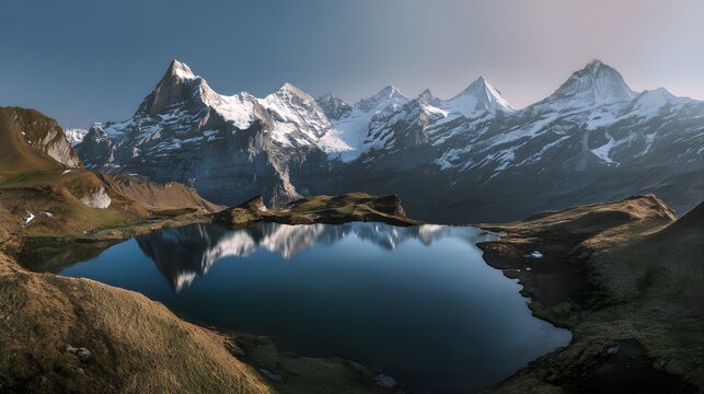 Switzerland's serene alpine panorama Bachalpsee Lake reflects snow peaks tranquil nature landscape imagery