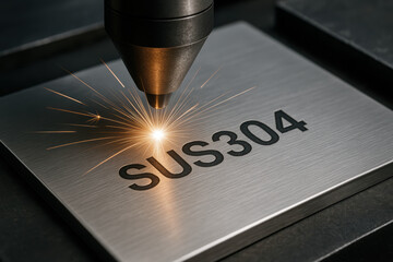 Laser engraving stainless steel SUS304 metal plate precision sparks and focused beam on brushed surface conveying industrial accuracy