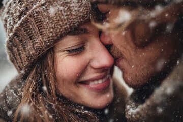 Couple in Love Snowy Forehead Kiss Close-up Portrait