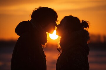 Romantic Eskimo Kiss Couple in Winter Sunset Light