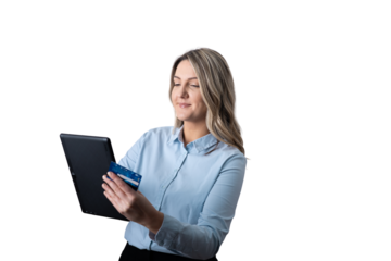 Woman holding credit card and tablet online shopping