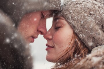 Intimate Winter Kiss Portrait with Falling Snow