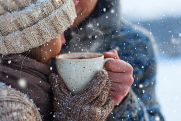 Couple in Love Having Warm Cocoa Hot Drink Together at Snowy Day