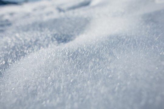 Fototapeta serene close-up of sparkling fresh snow, capturing delicate crystal textures illuminated by sunlight. Soft curves and gentle shadows create a peaceful winter atmosphere