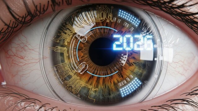 Futuristic human eye with digital interface overlay showing 2026, a vision of technology enhancing human capabilities and the future of augmented reality