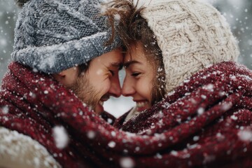 Couple in Love Wrapped in One Scarf Outdoors on Snowy Day