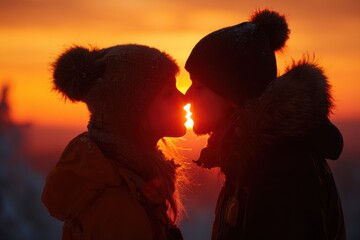 Snowy Sunset Romance &mdash; Close Couple Eskimo Kiss