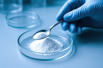 Pharmaceutical ingredient powder petri dish precision measurement gloved hand scoop spoon over petri dish in laboratory setting conveying meticulous scientific focus and care