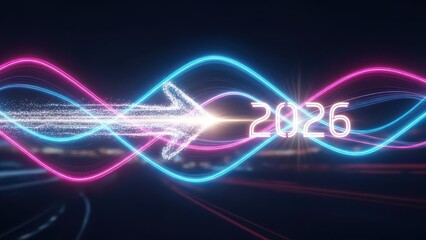 Futuristic digital representation of the year 2026 with glowing neon light trails and airplane icon