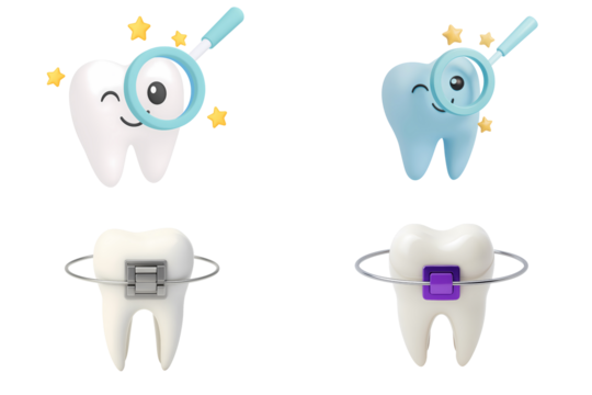 Tooth dental checkup and braces 3D illustration orthodontic healthcare mouth care treatment dentist design, PNG with transparent background