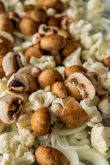 Raw Cauliflower, Mushrooms, and Onion on Tray – Seasoned and Ready to Roast