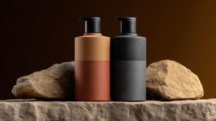 Eco friendly hair products for men and women displayed in brown and black pump bottles with natural stone background