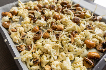 Roasted Cauliflower, Mushrooms, and Onion on Tray – Cozy Autumn Vegetables