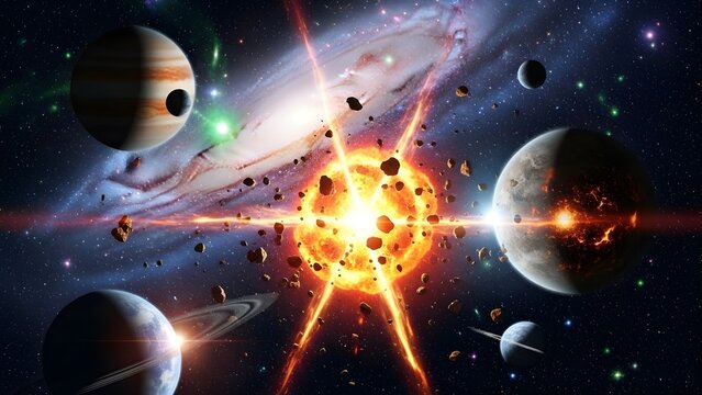Galaxy, outer space background with planets and explosion with fi