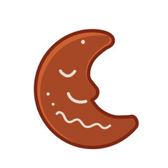 Christmas Gingerbread Cookie Vector Flat Illustration on White Background. Half Moon Sweet Cake with Sugar. Holiday Cute Dish Icon with Glaze or Icing.