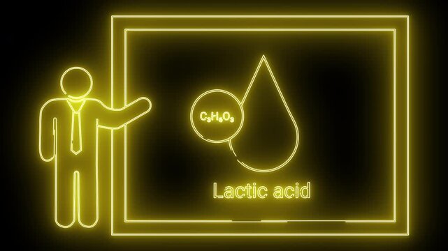 Yellow neonstyle illustration presenter pointing to lactic acid formula on a dark background
