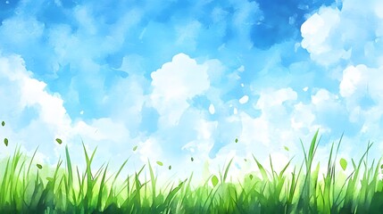 Obraz premium Vibrant watercolor illustration depicts bright green blades of grass against a dynamic blue sky with fluffy clouds