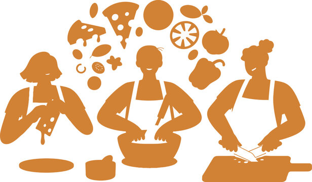 People Cooking Pizza, Apple, Lemon, and Pepper, Kitchen Scene, Orange Silhouette Illustration - Powered by Adobe