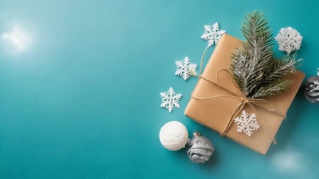 Festive Christmas Gift Box with Ornaments on Teal Background.