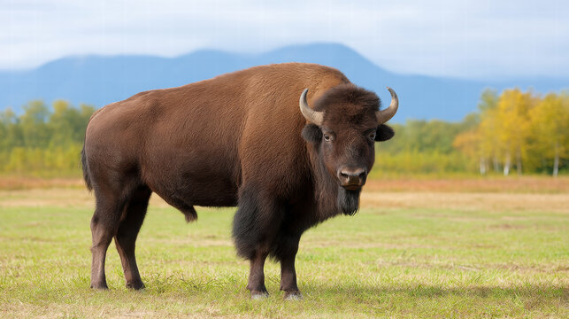Wildlife bison stands in field with emotional depth in natural environment and mountain background