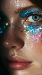 Close-up portrait of a woman with glow glitter makeup and blue eyeshadow, framed by blue glitter sheets. Generative AI image