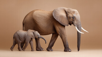 Obraz premium Elephant emotional intelligence in animals shows strong bond between adult and baby walking together on brown background