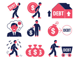 Illustrations depict various aspects and burdens of personal and financial debt, showing people struggling with money.