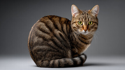 Emotional intelligence in animals shows in this alert tabby cat with green eyes sitting calmly on gray background