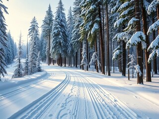 Cross-country ski tracks winding through a silent, snow-laden forest, highlighting tranquility and winter beauty, tracks, landscape