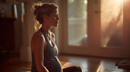 Pregnant woman practicing prenatal yoga in soft-lit room, tranquility and peace. Generative AI image