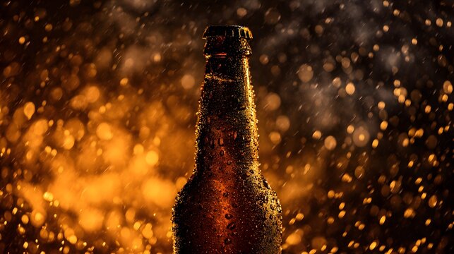 Refreshing beer bottle glistening with droplets evokes cool summer vibes and thirst quenching moments